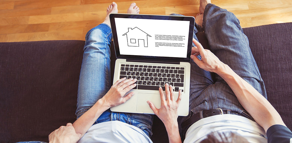 young family couple choosing new home online, search real estate