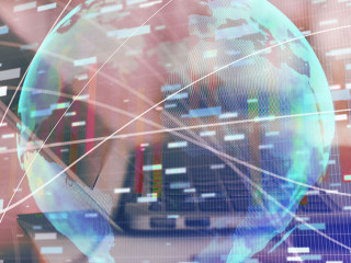 Double exposure of business theme icons and work space with computer background. Concept of success.