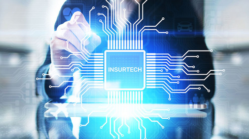 Insurtech button on virtual screen. Insurance technology internet digital iot insured family car property health.