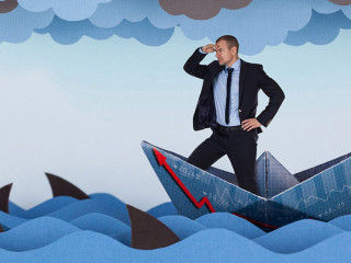 Businessman looking for new opportunities and sailing in stormy