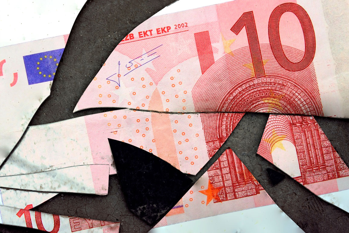 Euro banknote cut on parts.