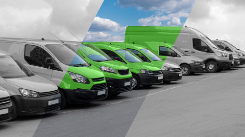 Delivery vans in a row. The band makes them green. Clean transpo