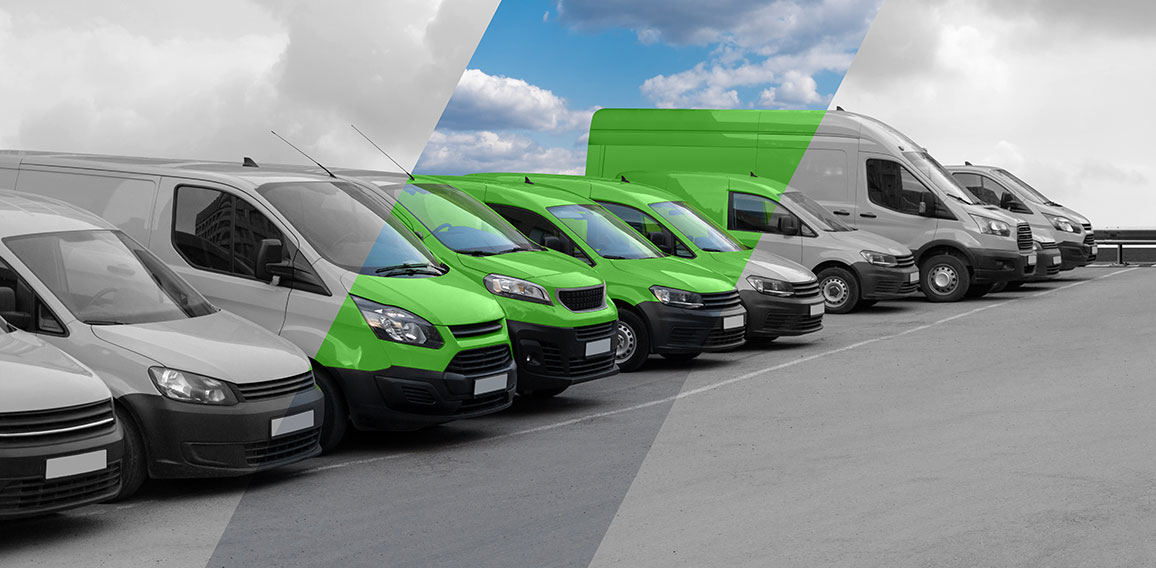 Delivery vans in a row. The band makes them green. Clean transpo
