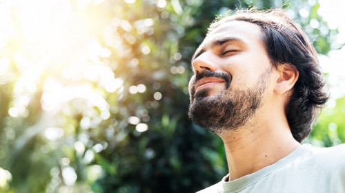 A bearded man is meditating outdoor in the park with face raised