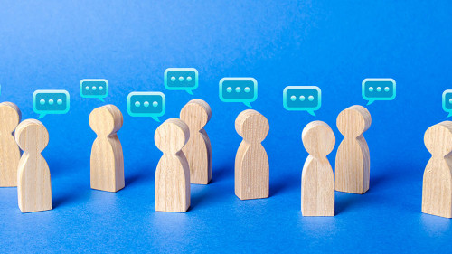 A lot of people figures and comment clouds above their heads. The process of discussion and commenting, the search for fresh ideas and optimal solutions. Best thought, good idea, positive feedback.