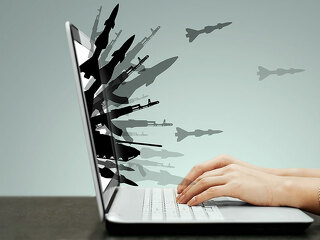 Information war, hybrid war, war in the media space. Cyber warfare, DDoS attack, fakes, hackers and cybercrime, phishing, propaganda. A smartphone and silhouettes of weapons stick out of it.