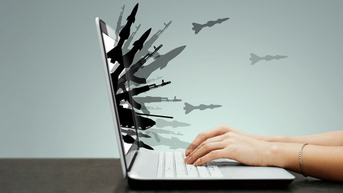 Information war, hybrid war, war in the media space. Cyber warfare, DDoS attack, fakes, hackers and cybercrime, phishing, propaganda. A smartphone and silhouettes of weapons stick out of it.