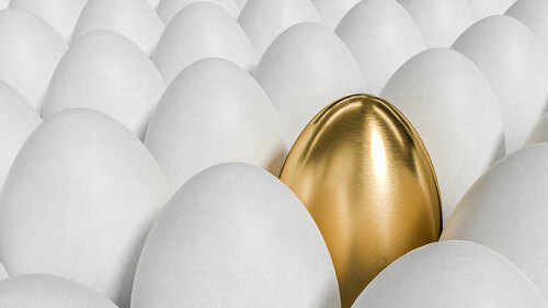 Unique one golden egg and many white eggs. 3D rendered illustrat