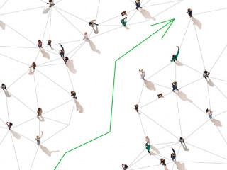 Aerial view of crowd people connected by lines, social media and communication concept