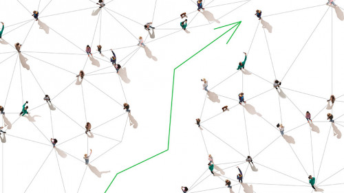 Aerial view of crowd people connected by lines, social media and communication concept