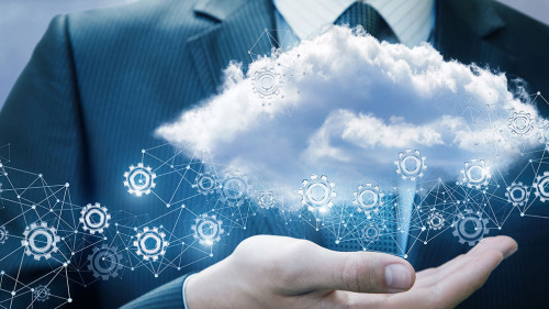 Businessman showing cloud management mechanism.