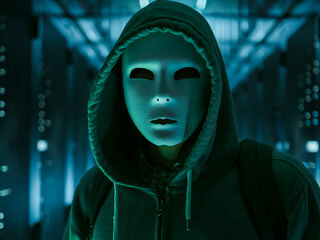 Masked Hacker in a Hoodie Standing in Corporate Data Center with