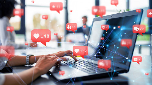 Businesswoman at home works with social networks