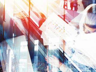 Background concept with business people silhouette at work. Double exposure and light effects