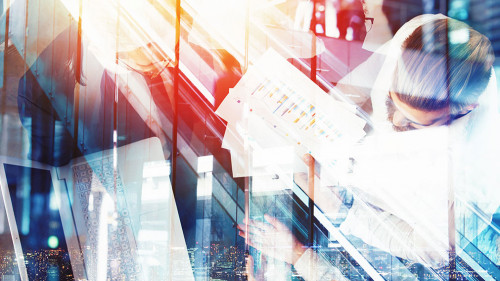 Background concept with business people silhouette at work. Double exposure and light effects