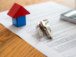 Wooden house miniature and house key lying on contract