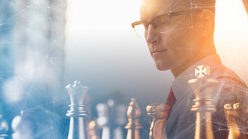 business man strategy brainstorm chess board game with hand touc