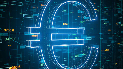 Currency and trade concept with big euro sign at abstract statistic numbers background.