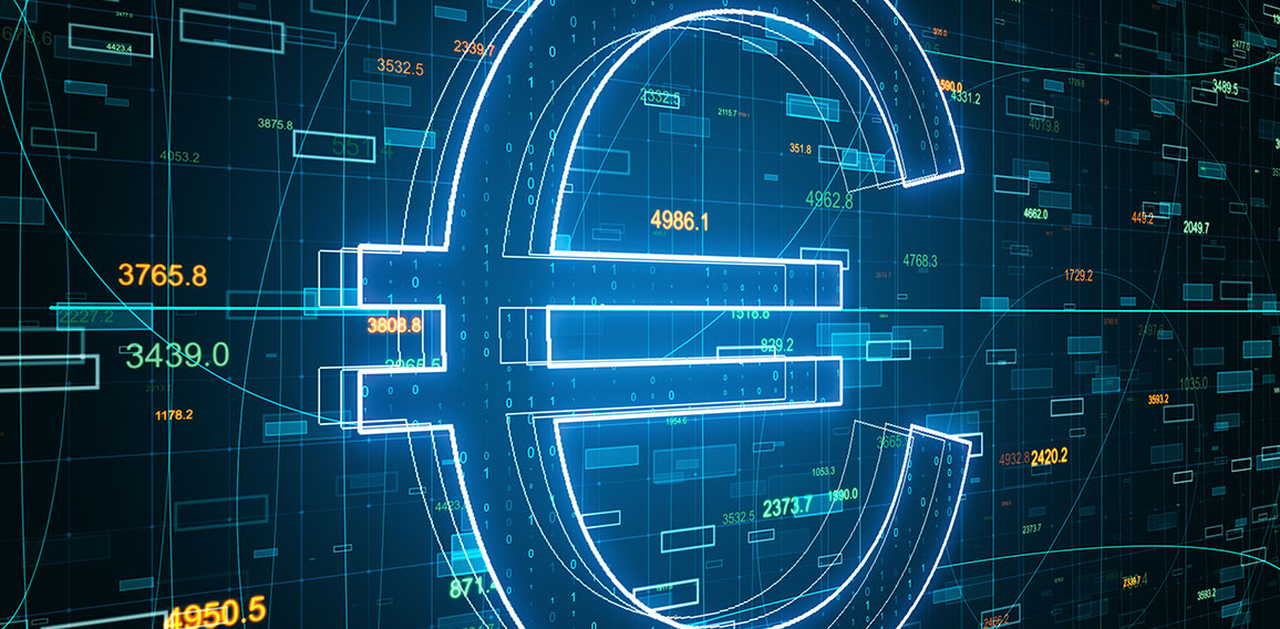 Currency and trade concept with big euro sign at abstract statistic numbers background.