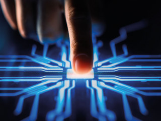 Digitalization Concept: Human Finger Pushes Touch Screen Button