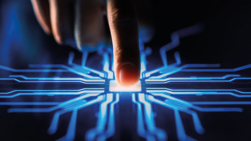 Digitalization Concept: Human Finger Pushes Touch Screen Button