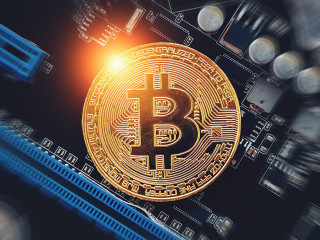 3243225 Bitcoin crypto currency. Golden Bitcoin Coin on electron