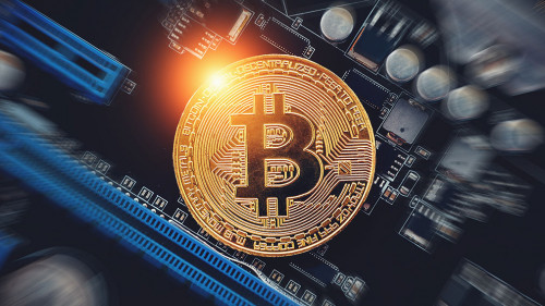 3243225 Bitcoin crypto currency. Golden Bitcoin Coin on electron