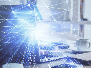 Technology theme drawing and work space with computer. Double exposure. Concept of innovation.