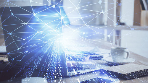 Technology theme drawing and work space with computer. Double exposure. Concept of innovation.