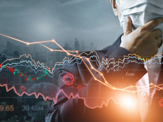 Economy crisis, Businessman with mask, Analysis corona virus eco