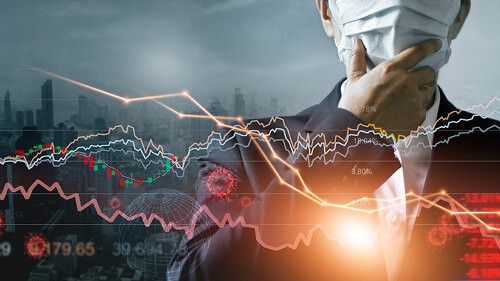 Economy crisis, Businessman with mask, Analysis corona virus eco