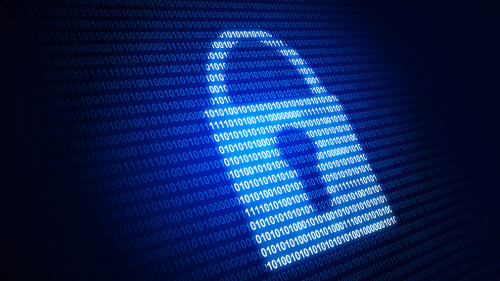 Digital lock and blue binary code