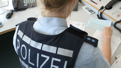 Polizei im Büro am Computer 110
