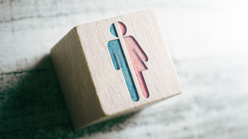 Gender Icons For Male And Female Cut In Half On A Wooden Block On A Table