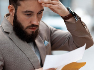 Big debt alert. A shocked man reads a court letter. Death of a l