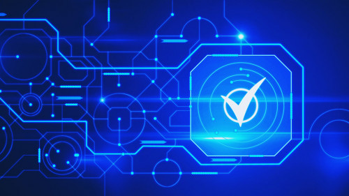 Abstract glowing digital business circuit network and tick mark interface on blurry background. Technology, choice and completion concept. 3D Rendering.