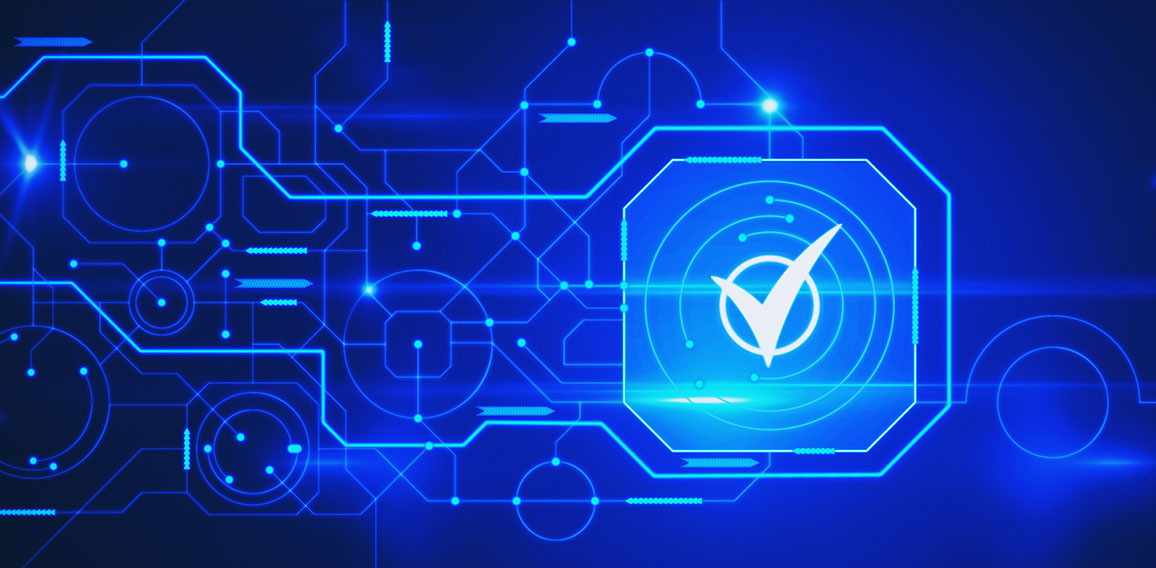 Abstract glowing digital business circuit network and tick mark interface on blurry background. Technology, choice and completion concept. 3D Rendering.