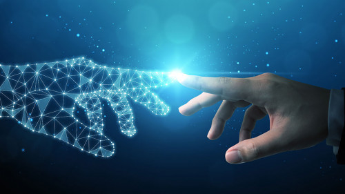 Hand of businessman touching hand artificial intelligence meaning technology connection go to future