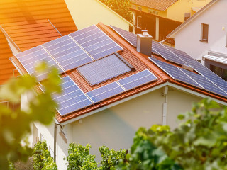 Solar panels on the tiled roof of the building in the sun. Top view through grape leaves. Selective focus.