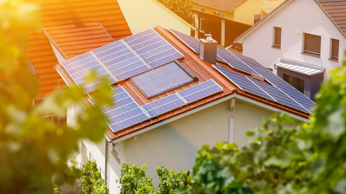 Solar panels on the tiled roof of the building in the sun. Top view through grape leaves. Selective focus.