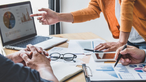 Business team collaboration discussing working analyzing with fi