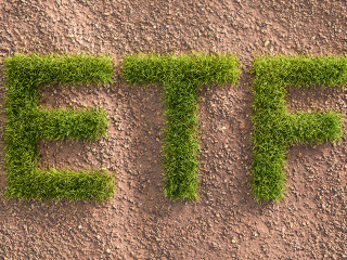 Green grass letters ETF in an arid landscape. Concept for  Exchange traded funds investing by ESG standards (environment social governance).