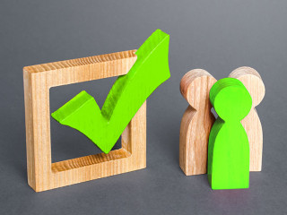 People are standing next to green check mark. Run for election. Voting on democratic election or referendum. Political campaign. Public poll. Legislative Initiative. Lobbying interests. Resolution.