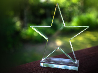 Transparent glass cup in the form of a star on a summer green ba