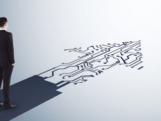 Businessman standing on abstract circuit arrow sketch on white background with mock up place. Success and digital transformation concept.