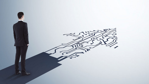 Businessman standing on abstract circuit arrow sketch on white background with mock up place. Success and digital transformation concept.