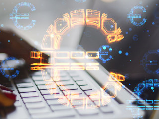 Close up of female hands using laptop keyboard with abstract glowing euro sign hologram on blurry background. Online banking, technology, data and finance concept. Double exposure.