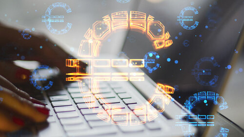 Close up of female hands using laptop keyboard with abstract glowing euro sign hologram on blurry background. Online banking, technology, data and finance concept. Double exposure.