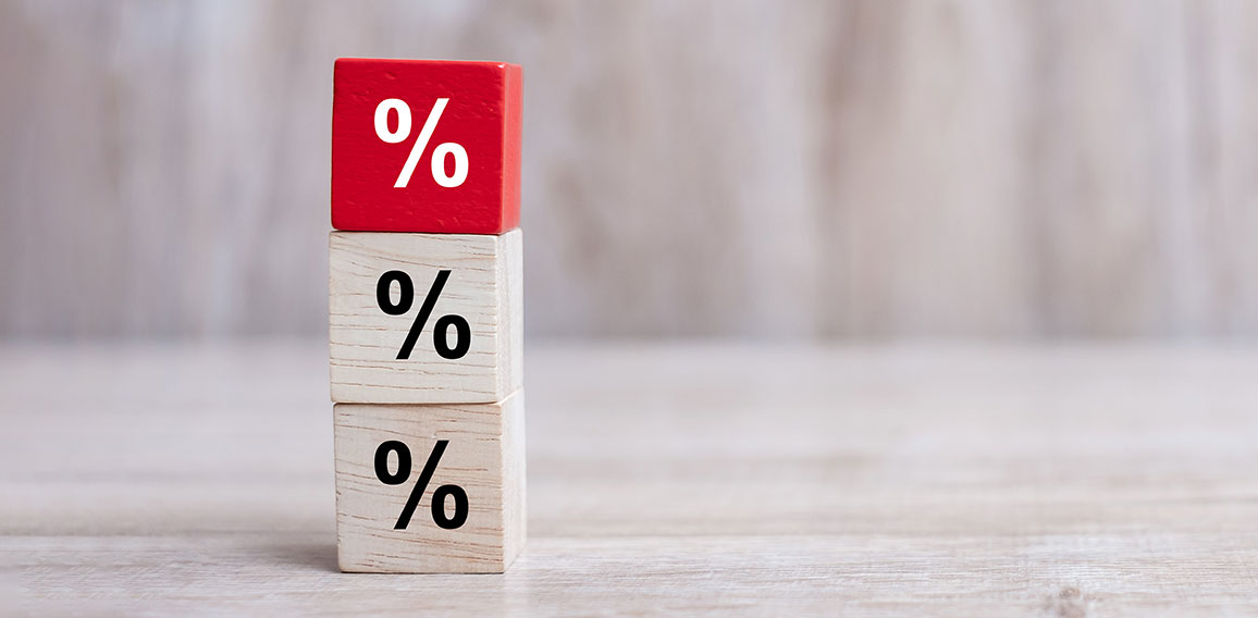wood cube block with percentage symbol icon. Interest rate,  fin