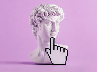 Historical antique statue of david's head and mouse cursor with finger